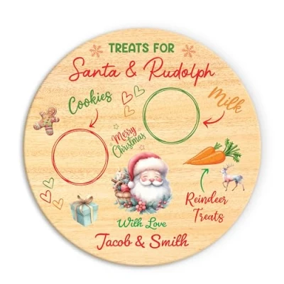 Image of Personalised Santa Plate Christmas Eve Treats Reindeer Food Wooden Round Board (Santa Treat Plate)