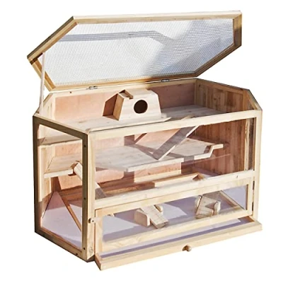 Image of Wooden Rodent Cage 115x60x58cm with 3 Floors, Viewing Window and Hinged Cover for Hamsters, Mice etc