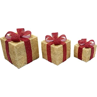 Image of SHATCHI Light Up Christmas Parcels Pre Lit Battery Operated LED Glitter Sisal/Rattan Xmas Presents Holiday Home Novelty Decorations Set of 3 Gold/Red/Cream/Tartan, 25cm/20cm/15cm