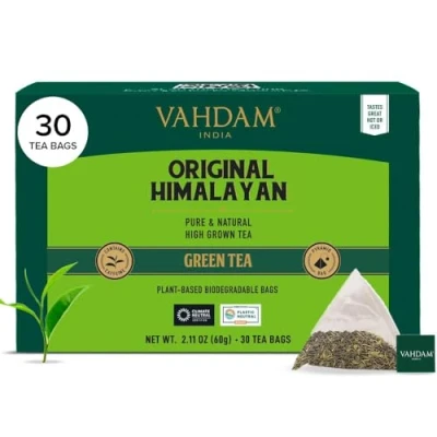 Image of VAHDAM, Original Himalayan Green Tea (30 Count) High Grown, Non GMO, Gluten Free, Low Caffeine Earthy &amp; Smooth Resealable Individually Wrapped Plant Based Pyramid Bags