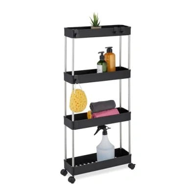 Image of Relaxdays Niche Trolley, 4 Shelves, Narrow Kitchen &amp; Bathroom Cart, HxWxD: 88 x 41.5 23.5 cm, Rolling Shelf, Black, 14.5 cm