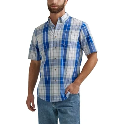 Image of Wrangler Authentics Men&#039;s Short Sleeve Classic Plaid Shirt, Bright White, Medium