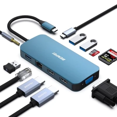 Image of BENFEI 11 in 1 USB C MST Laptop Docking Station with Silicone Woven Design Cable, to 2*HDMI/1*VGA, 3*USB 3.0/SD/TF Card Reader/Ethernet/100W Power Delivery/3.5mm Aux Audio