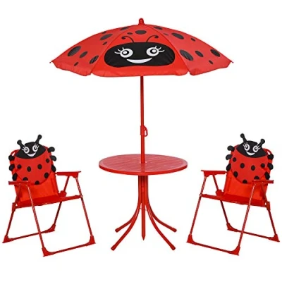 Image of Outsunny Kids Outdoor Bistro Table and Chair Set Ladybird Pattern Garden Patio Backyard with Removable &amp; Height Adjustable Parasol
