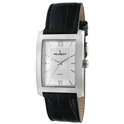 Image of Peugeot Men&#039;s Rectangular Textured Roman Numeral Dial Classic Dress Wrist Watch with Leather Strap Band, Silver/Black, M,