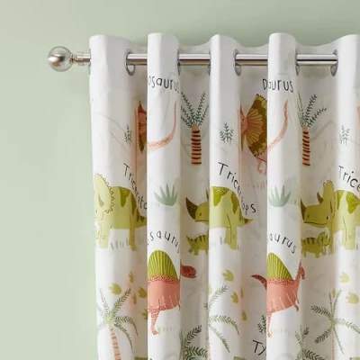 Image of Catherine Lansfield Sleepy Dino Fully Reversible 66x72 Inch Eyelet Curtains Two Panel Green