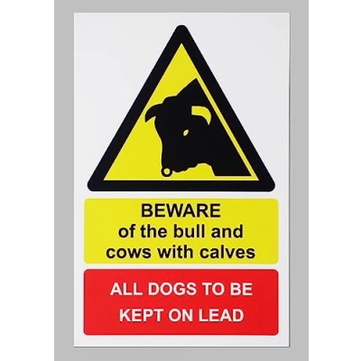 Image of Beware of the bull keep dogs on leads safety sign 3mm Aluminium (300mm x 200mm)