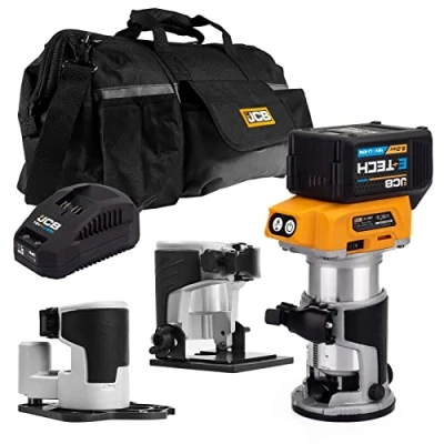 Image of JCB 18V Brushless Trimmer Router, Offset Router Base &amp; Inclined Base, 5.0Ah Battery, Fast Charger, Variable Speed Led Light, Vacuum Adaptor Included, 3/8 and ¼ Collet, 3 Year Warranty
