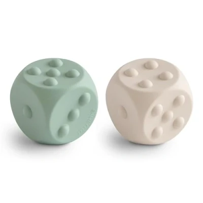 Image of Mushie Dice Press Toy 2 pack Sensory to and Pop Development of fine motor skills Teach Simple Arithmetic 100% Food Silicone (Cambridge Blue/Shifting Sand)