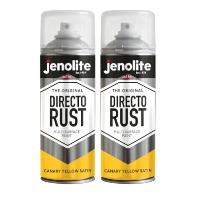 Image of JENOLITE Directorust Spray Paint Satin Finish CANARY YELLOW 2 x 400ml Direct To Rust for Metal All In One Multi Surface Metal, Wood, Plastic, Ceramic RAL 1018