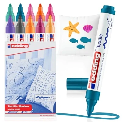 Image of edding 4500 textile marker set of 10 colours (trend) round nib 2 3 mm permanent fabric markers for drawing on textiles, wash resistant up to 60 C pens lettering