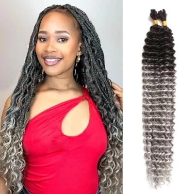 Image of 18 Inch Boho Braiding Hair Deep Wave Bulk for 2Bundles 100g No Weft Curls Braids Wet and Wavy Curly Bundles Extensions (OT1/Grey, Inch(50g/Bundle x2))