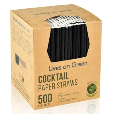 Image of Eco Friendly Disposable Cocktail Straws and Black Paper Stirrers 14.6 x 0.6 cm, Pack of 500 for Home, Bars Restaurants