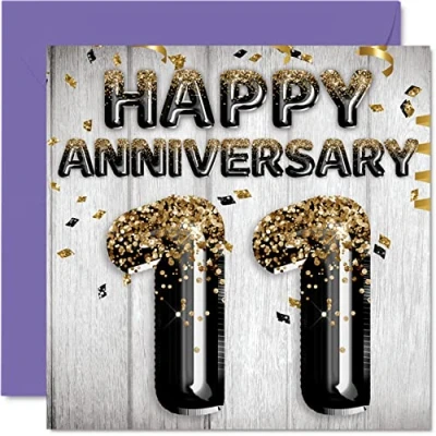 Image of Awesome Steel Anniversary Card for Husband Boyfriend Wife Girlfriend Black Gold Glitter Balloons Happy 11th Cards from Family, 145mm x Greeting Eleventh Anniversaries