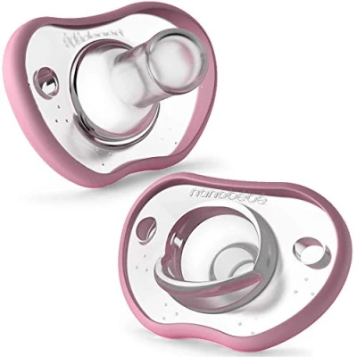 Image of Nanobebe Baby Soothers 0 3 Month Orthodontic, Curves Comfortably with Face Contour, Award Winning for Breastfeeding Babies, 100% Silicone BPA Free. Perfect Gift 2pk,Pink