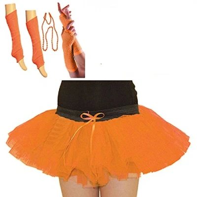 Image of Crazy Chick ANGIES Fashion Kids Girls New NEON UV Tutu Gloves Leg Warmers Beads &amp; Bangles Fancy Dress Hen Party Age 5 10 Years (Age 10, Orange)