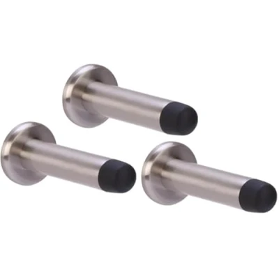 Image of DIRECT Door HANDLES® 75mm Projection Skirting or Wall Mounted Stop Concealed Fix with Rubber Buffer in Satin Nickel Fixing Screws (Pack of 3)