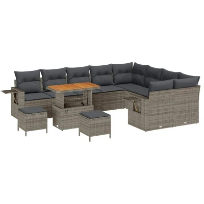 Image of vidaXL 12 Piece Garden Sofa Set with Cushions Grey Poly Rattan Acacia