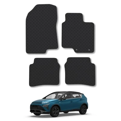 Image of Rubber Car Mats Compatible with Huyndai Bayon (2021 ) Tailored Fit Floor Set Accessory Black Custom 4 Pieces Clips Anti Slip Backing, Heavy Duty &amp; Waterproof