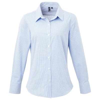 Image of Premier Womens/Ladies Gingham Long Sleeved Shirt (Light Blue/White) Blue &amp; White Size 10 UK