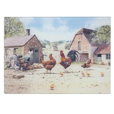Image of Cutting Board Toughened Glass Cockerel &amp; Hen Farm Life Chopping Serving Worktop