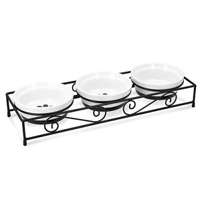 Image of Navaris Ceramic Pet Bowl Set Double Food Water Bowls for Cats, Small Dogs and Puppies with Non Slip Retro Metal Stand of 3 Bowls, 320ml Each