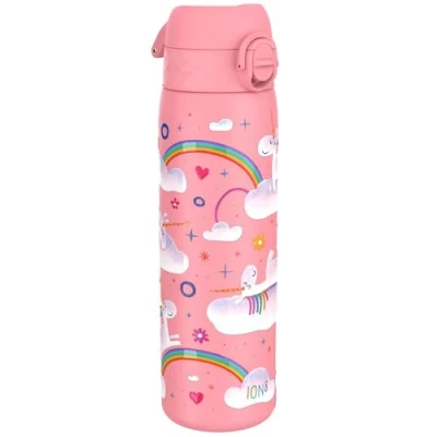 Image of Ion8 Steel Water Bottle, 600 ml/20 oz, Leak Proof, Easy to Open, Secure Lock, Dishwasher Safe, Flip Cover, Fits Cup Holders, Carry Handle, Durable, Metal Raised Print, Unicorn Rainbows