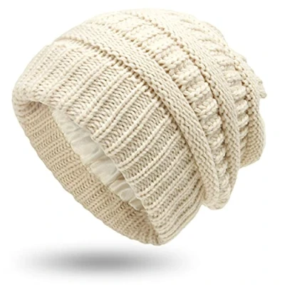 Image of XRDSS Women Warm Winter Hats Unisex Satin Lined Slouchy Cable Knitted Beanie Hat (Beige)