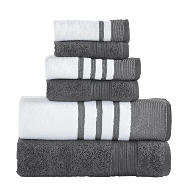 Image of Modern Threads 6 Piece Set, 2 Bath Towels, Hand Washcloths, Quick Dry White/Contrast Reinhart Coal