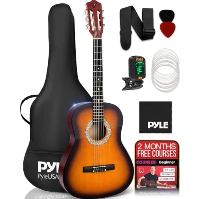 Image of Pyle 6 Acoustic Guitar 36 Inch Junior Set, ¾ Size Nylon String Wood Classic Guitarra Acustica for Beginner Youth, Kids, Boys, Girls, Teen, Adult with Accessories Pack, Right, Sun Burst (PGACLSTR10SB)