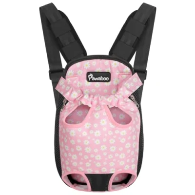 Image of Pawaboo Pet Carrier Backpack, Adjustable Front Cat Dog Backpack Travel Bag, Legs Out, Easy Fit for Traveling Hiking Camping Small Medium Dogs, Size, Black + Pink Daisy