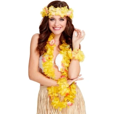 Image of Smiffys Hawaiian Set, Yellow with Garland, Headband and Wristband, Luau Fancy Dress, Dress Up Accessories