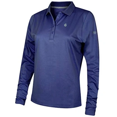 Image of Island Green Golf IGLTOP1696 Womens Breathable Thermal 2 Way Stretch Long Sleeve Polo Shirt Sports Top, French Navy, Size 12
