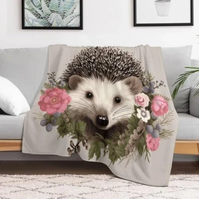 Image of Ultra Soft Micro Fleece Blanket Hedgehog in Floral Wreath Throw Lightweight Flannel Fuzzy Cozy Air Conditioning Quilt Warm All Seasons for Bed Couch Living Room Sofa