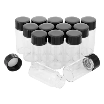 Image of Unxuey 14pcs Clear Glass Vials, 5ml Sample Bottles with Plastic Screw Black Cap Transparent Lab Vials Container