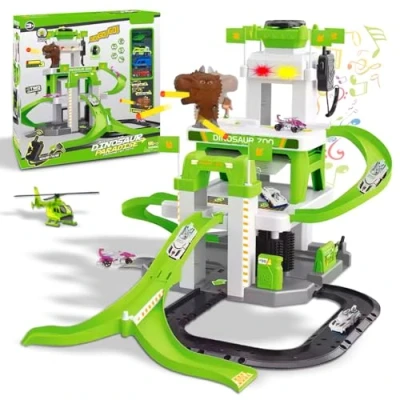 Image of Xwin Sportseries 5 Level Dinosaur Car Track Playset with Green Elevator, Light &amp; Sound Effects, Blaster Vehicles, and Interactive Race Parking for Kids Educational Garage Toy Ages 3+