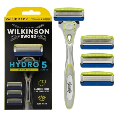 Image of WILKINSON SWORD Hydro 5 Sensitive Razor For Men, Aloe Vera to Reduce Irritation, Hydrating Gel &amp; Precision Trimmer, + 3 Blades