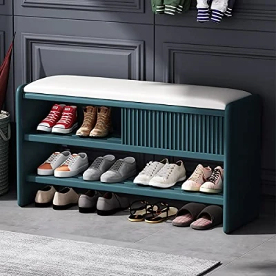 Image of Modern Shoe Storage Bench,Wooden Entryway Bench with Leather Cushion,Upholstered Cabinet Hallway Organizer Furniture Blue White seat 120x30x45cm(47x12x18inch)