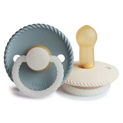 Image of FRIGG Rope Night Latex Pacifier Pack of 2 Natural Rubber Soother Dummy Glow BPA Free Made in Denmark Symmetrical Cherry Shaped Nipple (Stone Blue Night/Cream Night, Size (6 18 Months))