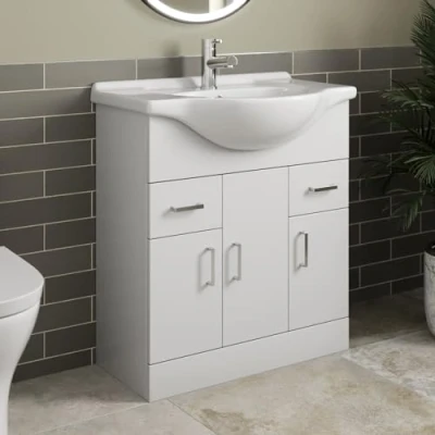 Image of Affine® 750mm Vanity Unit Basin Sink Bathroom Storage Cabinet Cupboard Freestanding, Single Tap Hole Ceramic Wash Basins, Soft Close Doors &amp; Drawers, White Gloss
