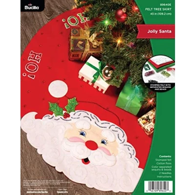 Image of Bucilla, Jolly Santa, Felt Applique Christmas Tree Skirt Making Kit, Perfect for Holiday DIY Needlepoint Arts and Crafts, 89640E