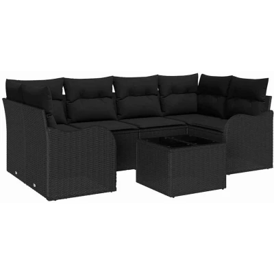 Image of vidaXL 7 Piece Garden Sofa Set with Cushions Black Poly Rattan