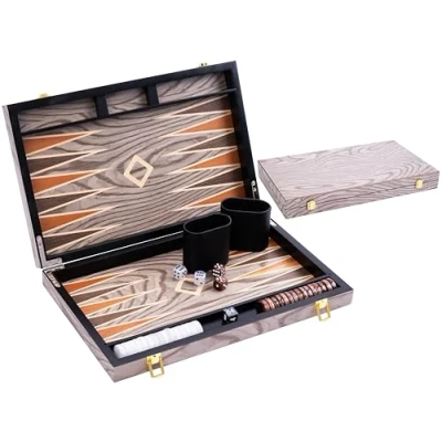 Image of Engelhart 250542 Deluxe 15 inch Backgammon set with varnished ebony wood veneer grey
