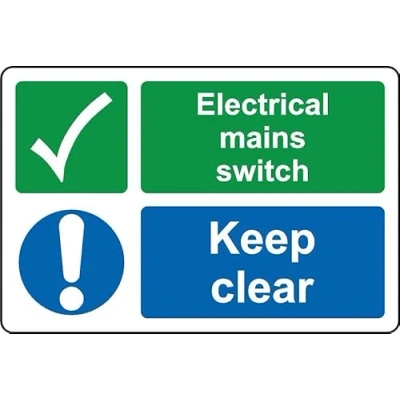 Image of Electrical mains switch keep clear safety sign Self adhesive sticker (300mm x 200mm)