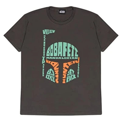 Image of Star Wars Boba Fett Word Puzzle Helmet T Shirt, Kids, 5 13 Years, Charcoal, Official Merchandise
