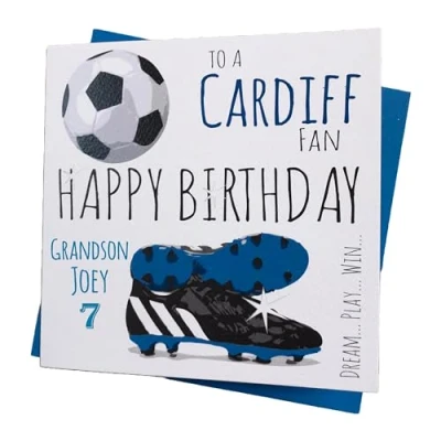 Image of WHITE COTTON CARDS PERSONALISED Cardiff City Bluebirds FC Football Club Fan Birthday Card (64 PER)