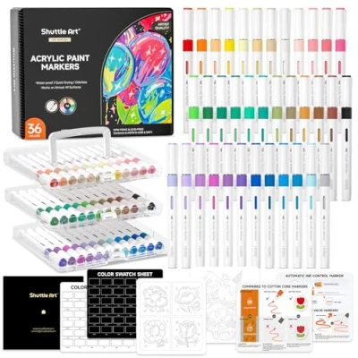 Image of Shuttle Art Automatic Ink Control Acrylic Paint Pens, 36 Colours Brush Tip Marker Pen for Rock Painting Ceramic, Wood, Fabric, Glass, Stone, Set DIY &amp; Supplies