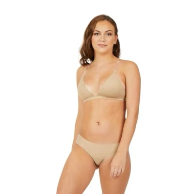 Image of Capezio Women&#039;s Deep Neck Clear Back Bra Sports, Sheer, Beige, XS