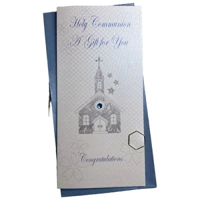 Image of WHITE COTTON CARDS HOLY COMMUNION BLUE CHURCH MONEY WALLET CARD, HAND FINISHED (WBW36 B)