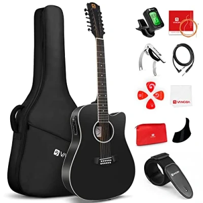 Image of Vangoa 12 Strings Guitar 4 Band EQ Electric Acoustic Cutaway 41 inches Twelve Beginner Set, Black